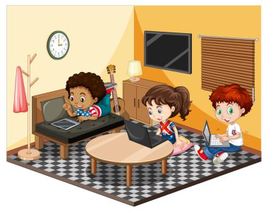 Beyaz arkaplan resimlerinde sarı temalı çocuklar oturma odasındalar.