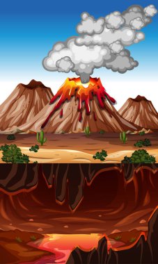 Volcano eruption in nature scene at daytime with lava in infernal cave scene illustration clipart