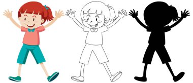 Renkli, ana hatlı ve siluetli mutlu yüzlü kız.