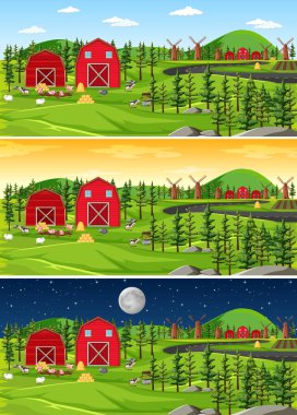 Doğada ahır ve yel değirmeni olan bir çiftlik. Günün farklı zamanlarında.