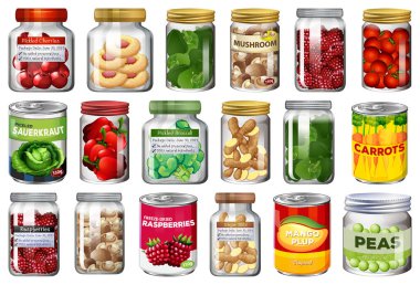 Kavanozlarda farklı konserve yiyecek ve yiyecekler izole edilmiş.