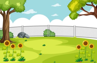 Blank scene in the park with sunflowers and bright blue sky illustration clipart