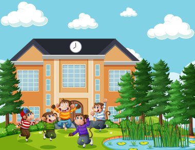 Park sahnesinde zıplayan beş küçük maymun.