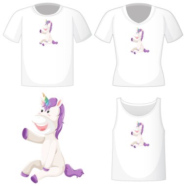 Beyaz arkaplanda izole edilmiş beyaz gömleklerdeki şirin tek boynuzlu at logosu.