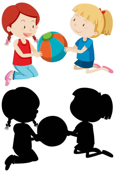 Deux Filles Jouant Ballon Couleur Silhouette Illustration — Image vectorielle