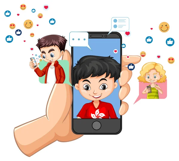 Bambini Con Elementi Social Media Sfondo Bianco Illustrazione — Vettoriale Stock