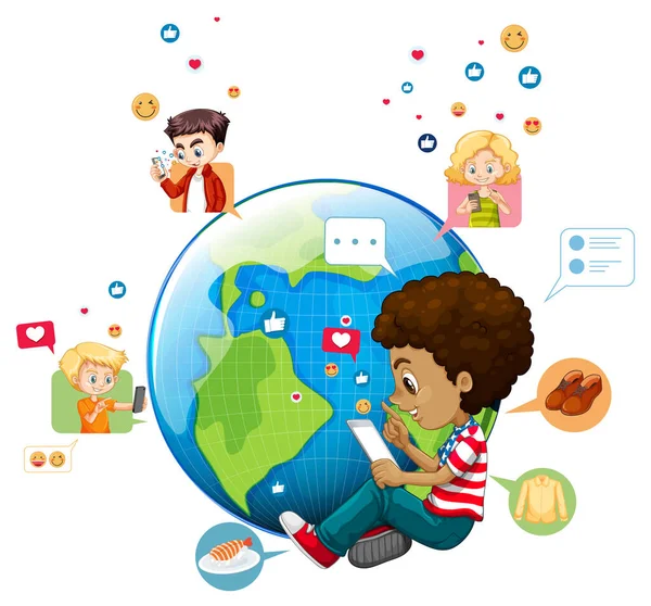 地球のイラストにソーシャルメディアの要素を持つ子供たち — ストックベクタ