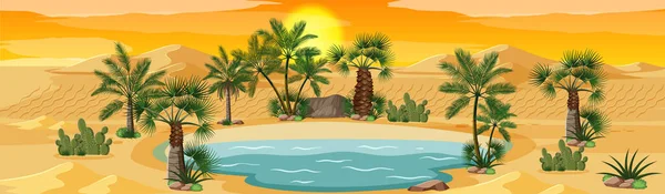 Oasis Del Desierto Con Palmeras Naturaleza Paisaje Escena Ilustración — Vector de stock