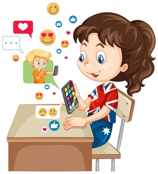 白い背景のイラストにソーシャルメディアの要素を持つ子供たち — ストックベクタ