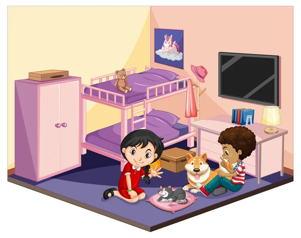 Niños Dormitorio Escena Tema Rosa Sobre Fondo Blanco Ilustración — Vector de stock