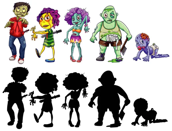 Verschillende Karakter Van Zombies Kleur Silhouet Cartoon Stijl Geïsoleerde Illustratie — Stockvector