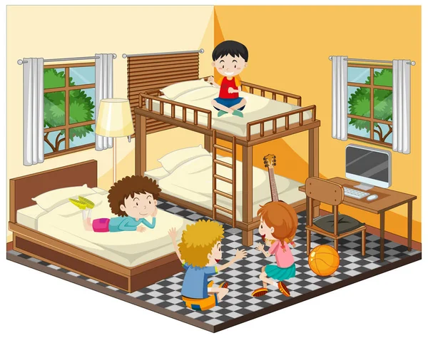 Enfants Heureux Jouant Dans Chambre Illustration Scène — Image vectorielle