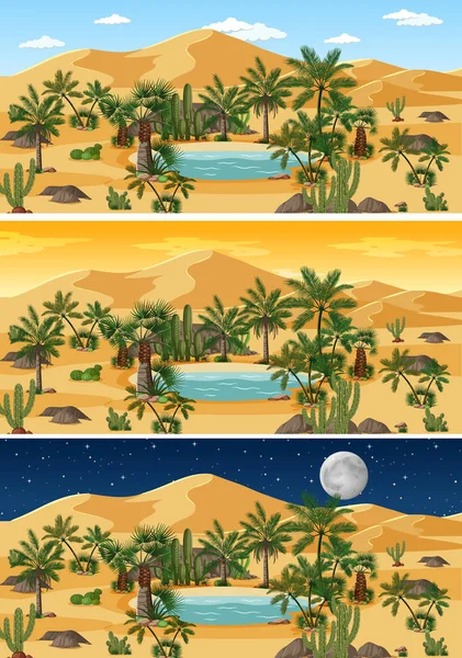 Desierto Naturaleza Paisaje Escena Diferentes Momentos Del Día Ilustración — Archivo Imágenes Vectoriales