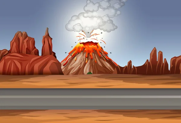 Wybuch Wulkanu Pustynnej Scenie Dzień Ilustracji — Wektor stockowy