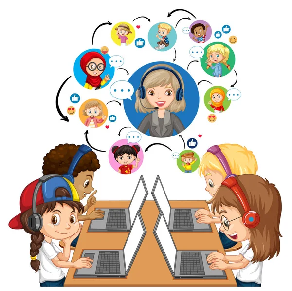 Vista Lateral Crianças Usando Laptop Para Comunicar Videoconferência Com Professores — Vetor de Stock