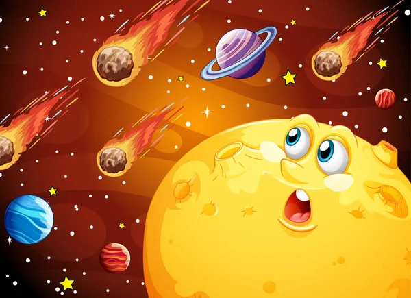 Lua Com Rosto Feliz Espaço Galáxia Tema Fundo Ilustração — Vetor de Stock