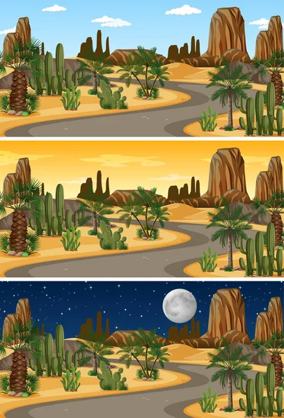 Deserto Paisagem Natureza Cena Diferentes Momentos Dia Ilustração —  Vetores de Stock