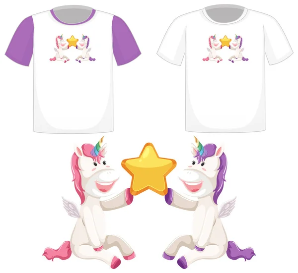 Logotipo Lindo Unicornio Diferentes Camisas Blancas Aisladas Sobre Fondo Blanco — Vector de stock