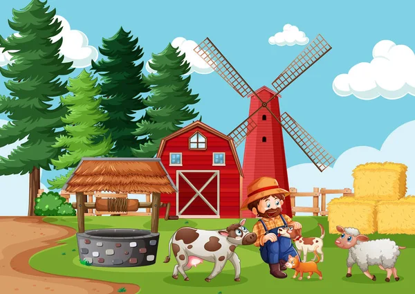 Agricultor Com Fazenda Animais Cena Fazenda Desenho Animado Ilustração Estilo — Vetor de Stock