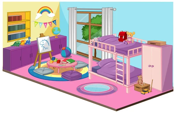 Interior Del Dormitorio Niña Con Muebles Elementos Decoración Rosa Tema — Vector de stock