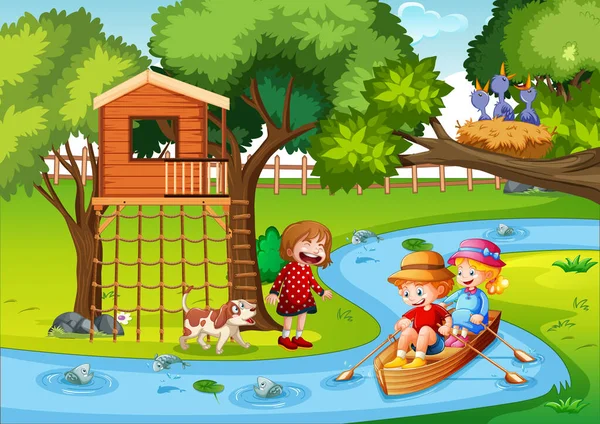 Bambini Remare Barca Nel Fiume Foresta Scena Illustrazione — Vettoriale Stock