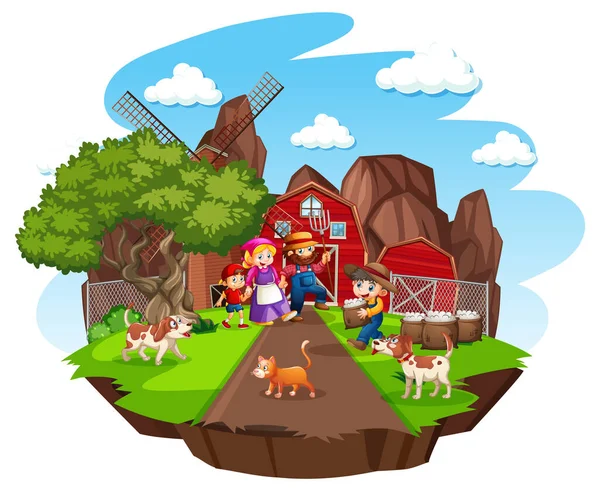 Granja Con Granero Rojo Molino Viento Sobre Fondo Blanco Ilustración — Vector de stock