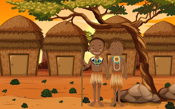 Afrika Kabilelerinin Geleneksel Giysileri Içindeki Etnik Insanları Doğa Arkaplan Resimlerinde — Stok Vektör