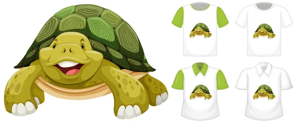 Sköldpadda Tecknad Karaktär Med Många Typer Skjortor Vit Bakgrund Illustration — Stock vektor
