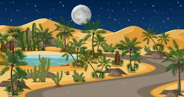 Desierto Con Carretera Palmeras Catus Paisaje Natural Escena Nocturna Ilustración — Archivo Imágenes Vectoriales