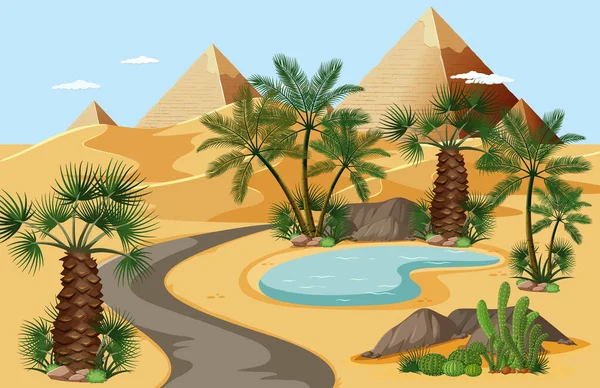 Desert Oasis Palms Pyramid Nature Landscape Scene Illustration — Stockový vektor