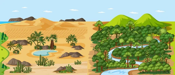 Natureza Florestal Paisagem Cena Deserto Com Oásis Paisagem Cena Ilustração — Vetor de Stock