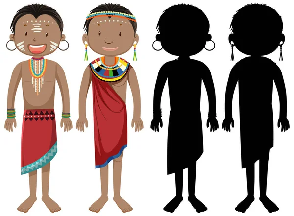 Conjunto Personas Carácter Tribus Africanas Con Silueta Ilustración — Vector de stock