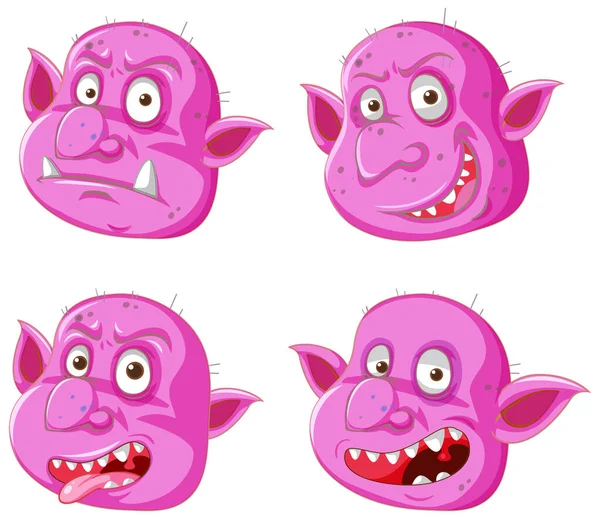 Conjunto Rosa Goblin Troll Rosto Diferentes Expressões Desenho Animado Estilo — Vetor de Stock