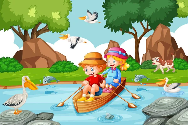Children Row Boat Stream Forest Scene Illustration — Stock Vector