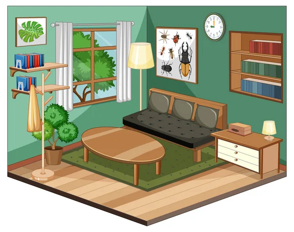 Interior Sala Estar Con Muebles Ilustración Pared Verde — Vector de stock