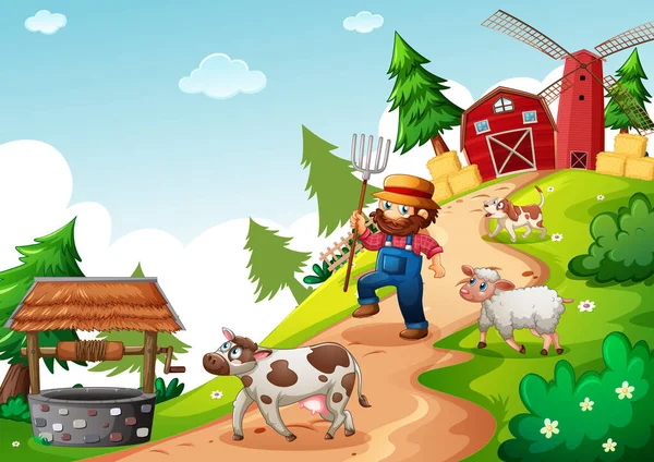 Agricultor Con Granja Animales Escena Granja Ilustración Estilo Dibujos Animados — Vector de stock