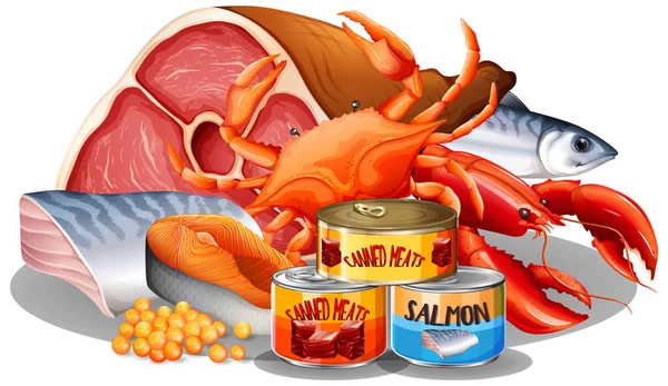 Sada Různých Masných Potravin Konzervované Potraviny Ilustrace — Stockový vektor