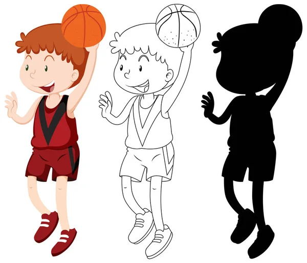 バスケットボール選手の色と輪郭とシルエットのイラスト — ストックベクタ