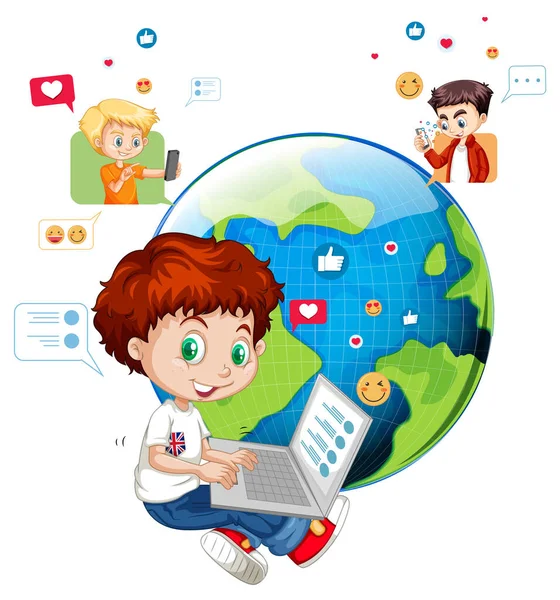 Bambini Con Elementi Social Media Sfondo Bianco Illustrazione — Vettoriale Stock