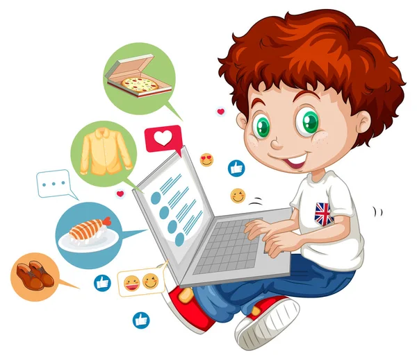 Bambini Con Elementi Social Media Sfondo Bianco Illustrazione — Vettoriale Stock
