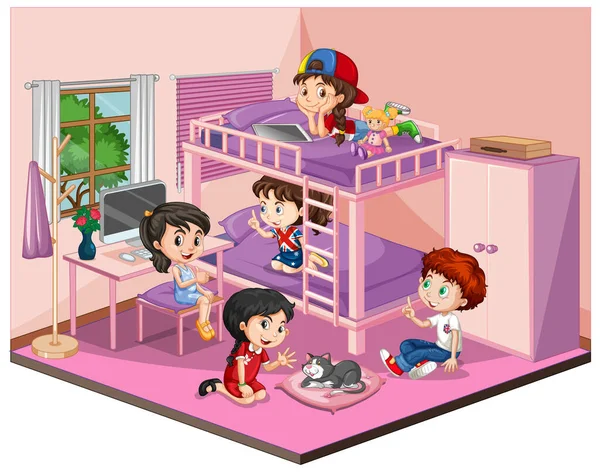 Niños Dormitorio Escena Tema Rosa Sobre Fondo Blanco Ilustración — Vector de stock