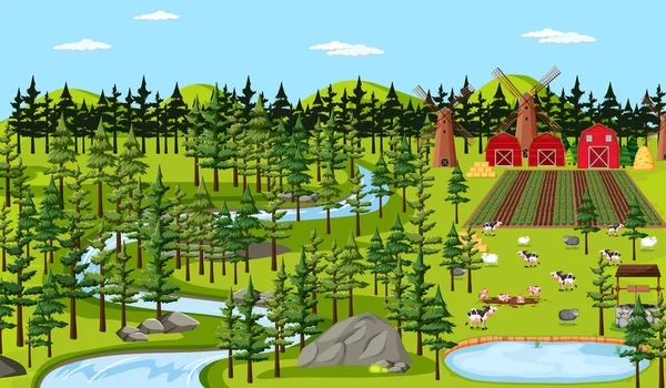 Bauernhof Natur Mit Scheunen Landschaft Illustration — Stockvektor