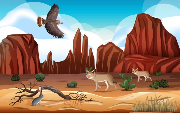 Deserto Com Montanhas Rochosas Deserto Animais Paisagem Dia Cena Ilustração —  Vetores de Stock