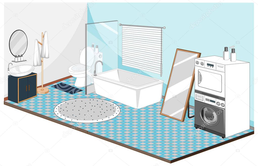 Bathroom and laundry interior with furniture in blue theme illustration