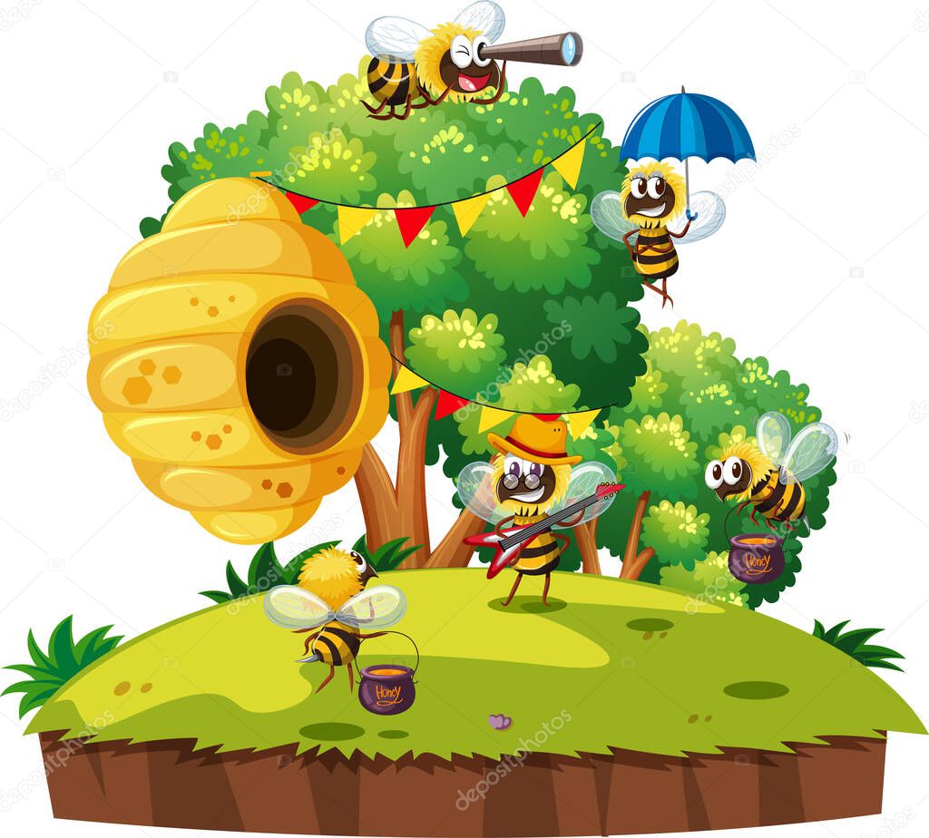 Many bees living in the garden with honeycomb isolated illustration