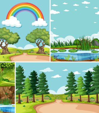 Doğada dört farklı sahne çizgi film stili çizimi