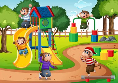 Parkın bahçesinde zıplayan beş küçük maymun.