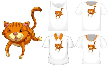 Beyaz arkaplanda izole edilmiş farklı tişörtleri olan kedi çizgi film karakteri
