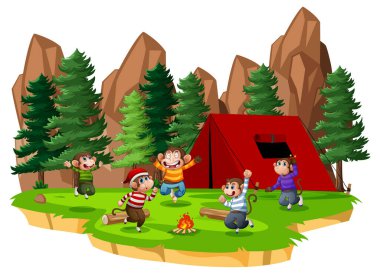 Beyaz arkaplanda parka atlayan beş küçük maymun.