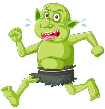 Çizgi film karakterinde komik yüzlü, koşan yeşil goblin ya da troll pozu